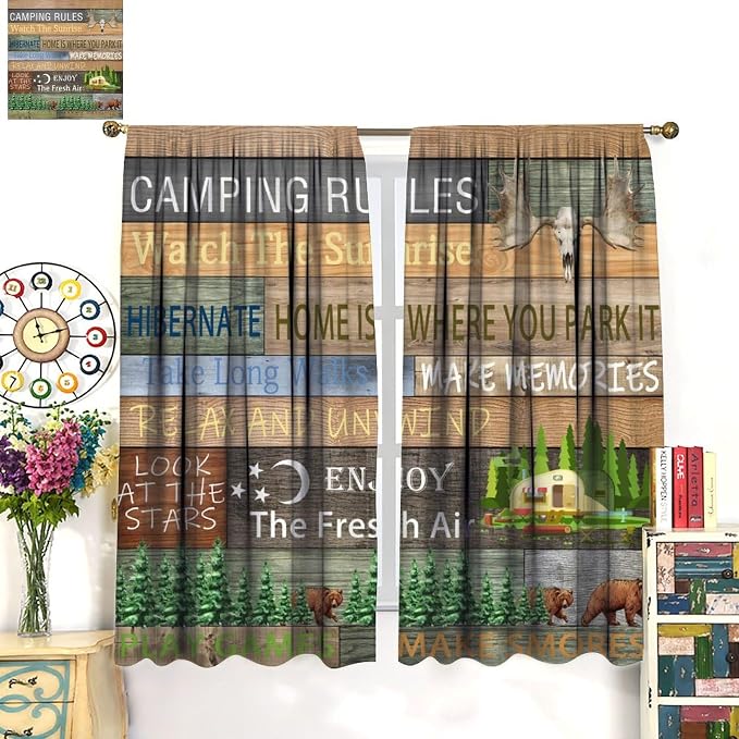 Camping Rules Blackout Curtains for Kitchen Campervan Traveller Outdoor Caravan Decor Rustic Cottage Forest Vintage Plank Background Window Treatments for Farmhouse Bedroom Living Room 42x54in
