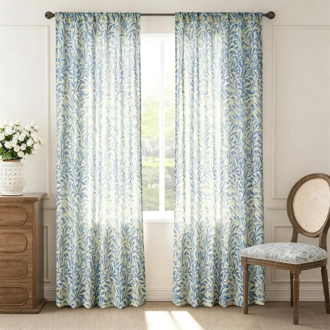 RoomTalks Turquoise Blue Floral Window Curtains 84 Inches Length 2 Panels Faux Linen Privacy, Boho Farmhouse Country Vintage Cute Botanical Curtain Panels for Bedroom Dining Living Room Nursery