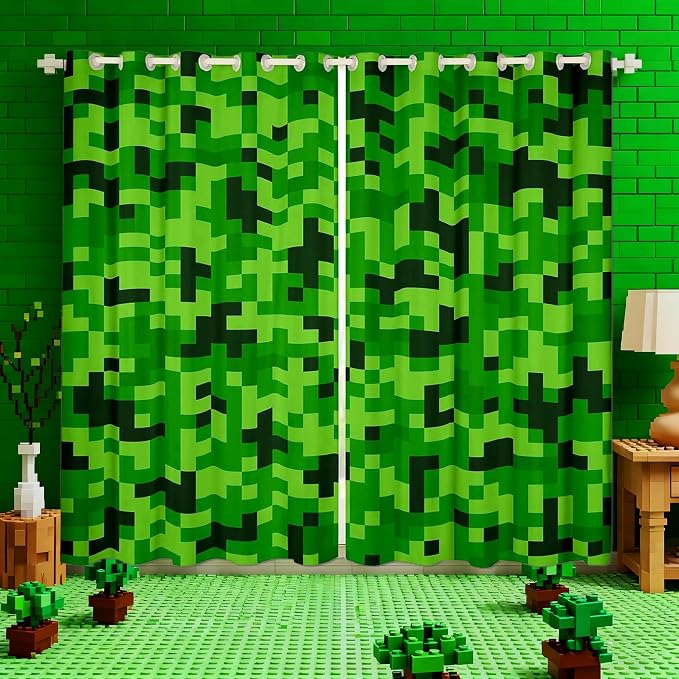 Castle Fairy Green Pixelated Miner Curtains for Kids Boys Bedoroom Decor,Video Games Window Curtain,Cartoon Gamepad Window Treatment Curtain Modern Geometric Check Window Drapes,2 Panels,42Wx63L