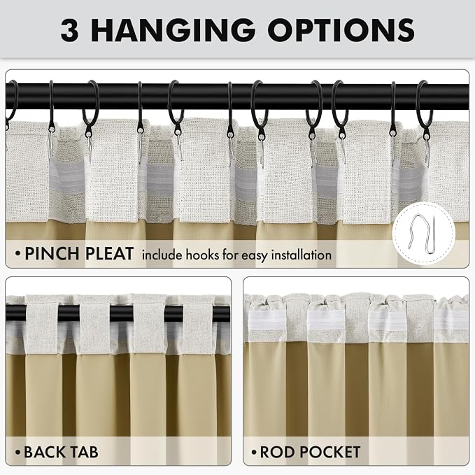 MIULEE 100% Blackout Linen Curtains for Bedroom, Light Beige Solid Luxury Decor Thermal Insulation Room Darkening Drapes for Living Room Back Tab Rod Pocket 42 x 96 Inches, 2 Panels