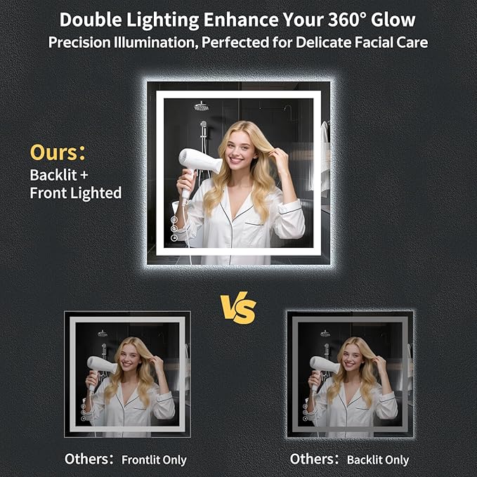 36"x36" LED Bathroom Mirror with Lights, Backlit + Front Lit with CRI>90, Lighted Mirror for Bathroom, Anti-Fog, Dimmable Brightness, 3 Colors, Memory Function, Shatterproof Tempered Glass