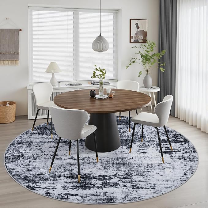Round Area Rug for Living Room: 4 ft Washable Modern Abstract Soft Thin Rug Indoor Floor No Slip Stain Resistant Carpet for Bedroom Dining Room Farmhouse Nursery Home Office - Black
