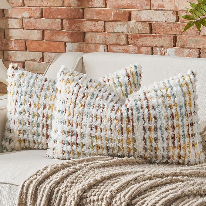 AmHoo Set of 2 Boho Chenille Pillow Cover Decorative Tufted Pillowcase for Couch Bed Sofa Bedroom Living Room Modern 12 x 20-Inch Brown White