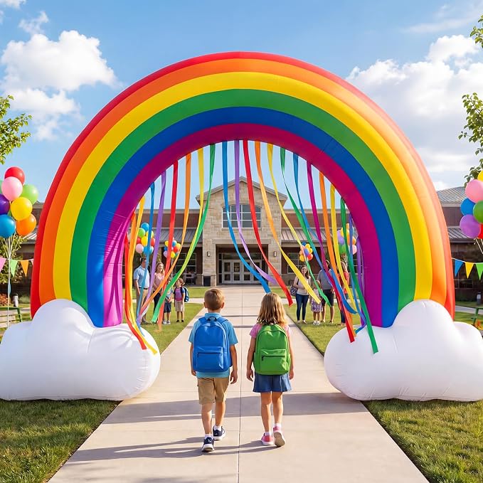 Seenelling 14 FT Giant Inflatable Rainbow Arch with Colored Tassel Decoration Back to School Theme Rainbow Arch Built-in LED Lights for Birthday Baby Shower Yard Outdoor Back to School Lawn Decor