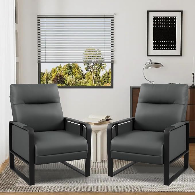 Faux Leather Accent Chairs Set of 2 with Side Table Modern Upholstered Armchair Leisure Chairs for Living Room Bedroom Office Club Dark Grey