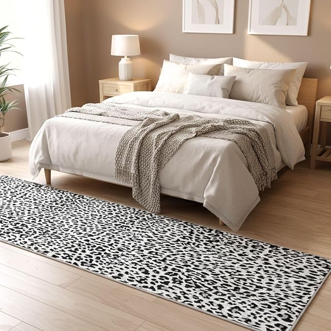 Ottomanson Aisle Runner Rug 1'10.5" x 20' – Soft Non-Slip Rug, Low Pile Carpet for Hallways, Events, Churches & Extra-Long Indoor Spaces, Leopard Print Black & White