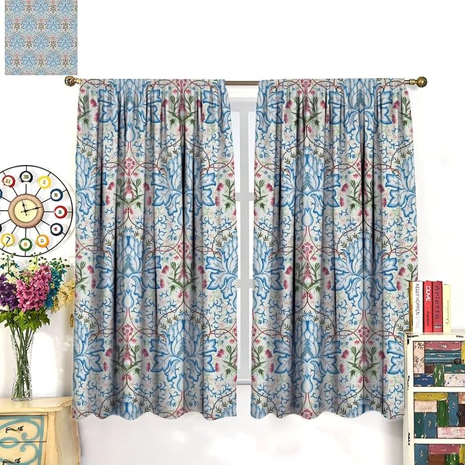 William Morris Floral Blackout Window Curtains, Watercolor Vintage Flower Art Style Printed Window Drapes, for Living Room Bedroom 42(W)*84(L) 2 Panels