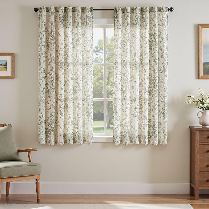 jinchan Linen Blend Floral Curtains for Living Room 63 Inch Length Farmhouse Printed Curtain Rod Pocket Back Tab Sage Green Peony Flower Patterned Drapes Bedroom Curtains Set 2 Panels