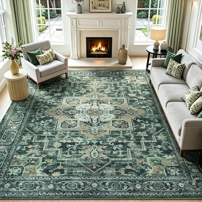 Lofus 8x10 Washable Rugs Non-Slip, Vintage Floral Area Rug for Living Room Bedroom Dining Room Kitchen, Low Pile Distress Print Carpet Home Decor Rug, Octagram Medallion Green