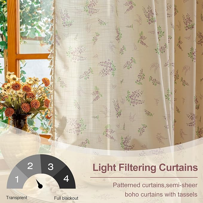 OYX Boho Lavender Floral Curtains 63 Inch, Farmhouse Purple Flower Drapes with Tassels, Linen Textured Light Filtering Semi Sheer Curtains for Living Room Bedroom, 2 Panels, Rod Pocket, 52Wx63L