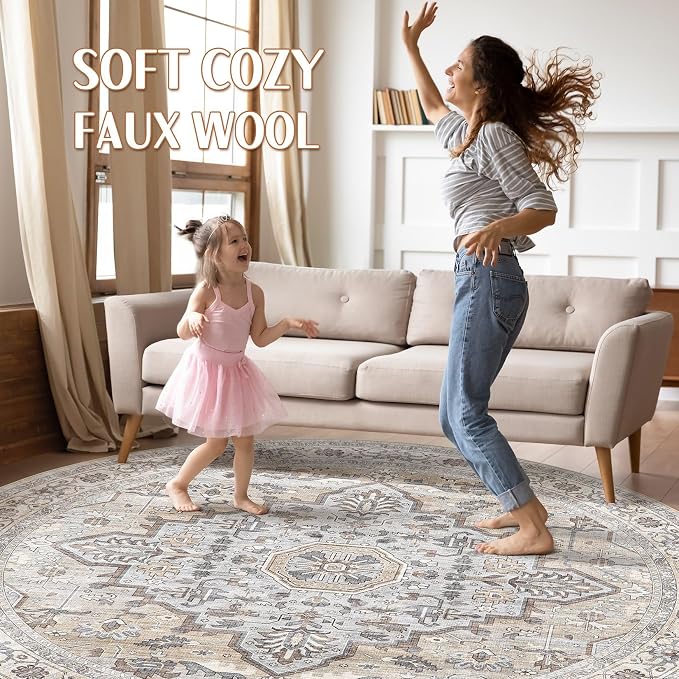 Round Rug Living Room Rugs: 4x4 Washable Boho Neutral Small Circle Soft Indoor Distressed Stain Resistant Floor Farmhouse Carpet for Bedroom Nursery Kids Playroom Office Dining Room Dorm- Cream Gray