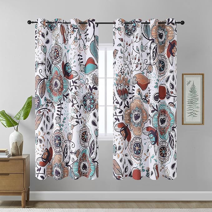 Estelar Textiler Boho Floral Curtains French Country Farmhouse Curtains 72 Inches Long,Room Darkening Vintage Decor Window Curtain Panels for Bedroom/Living Room,52Wx72L,2 Panels