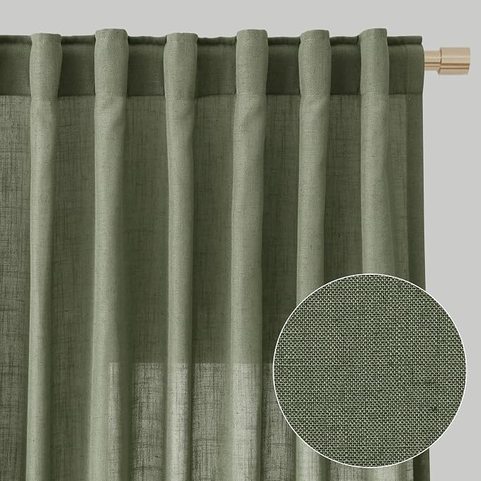 Linen Blend Green Curtains 84 Inches Long 2 Panels for Living Room Back Tab Pocket Light Filtering Sheer Privacy Olive Green Window Curtain Aesthetic Neutral Decor Muted Earthy Tone Drapery Bedroom