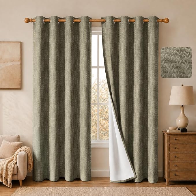 2 Panels 100% Blackout Linen-Textured Curtains, Thick Thermal Insulated Grommet Drapes with Subtle Herringbone Weave, Luxury Decor for Bedroom/Living Room, 54 x 84 Inches, Taupe