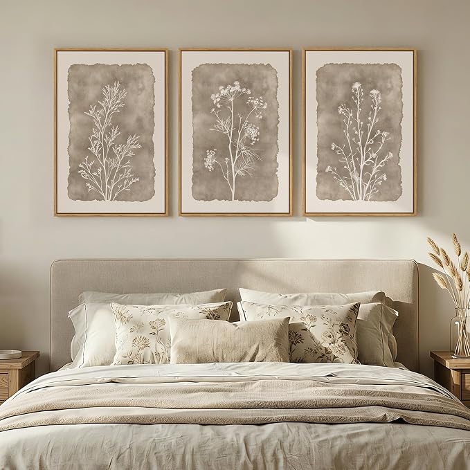 3 Piece Framed Neutral Botanical Wall Art Set, Large Farmhouse Floral Canvas Prints Paintings, Minimalist Wildflower Plant Artwork Decor for Living Room Bedroom Dining Room 16x24 Inch