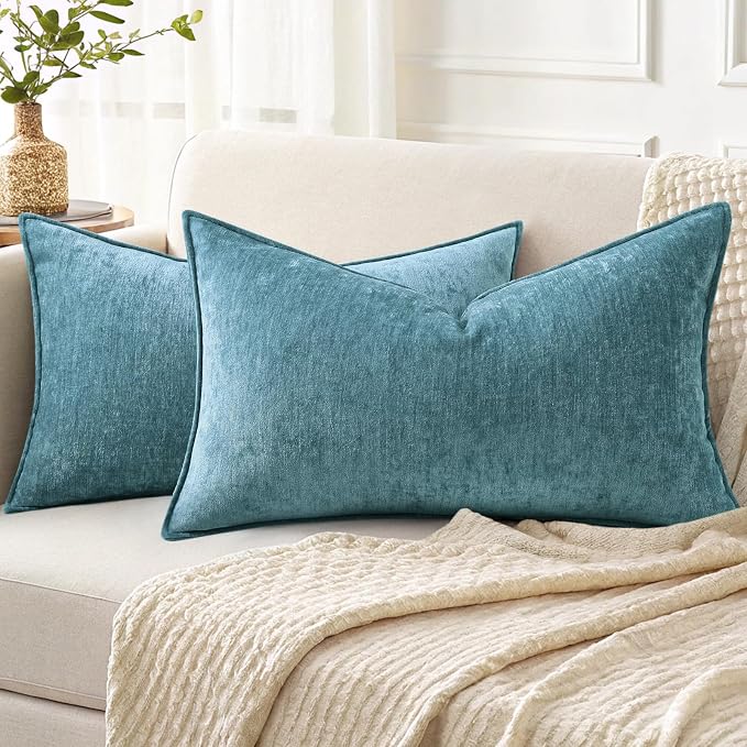 decorUhome Fall Couch Throw Pillow Covers 12x20 Set of 2, Decorative Soft Velvet Modern Cozy Chenille Lumbar Pillow Cases with Elegant Design for Sofa Bed Living Room Home Decor, Teal