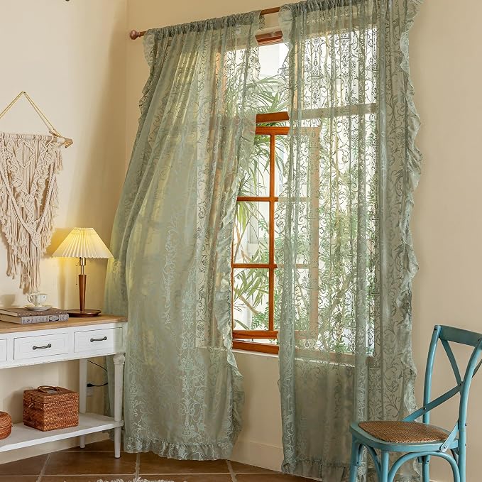 TUDECO Light Green Curtains 72 Inch Length - Aesthetic Green Floral Curtains 2 Panels, Embroidered Sheer Bohomian Ruffled Green Lace Curtain for Boys Bedroom Hallway, 59 x 72 Inch, Sage Green
