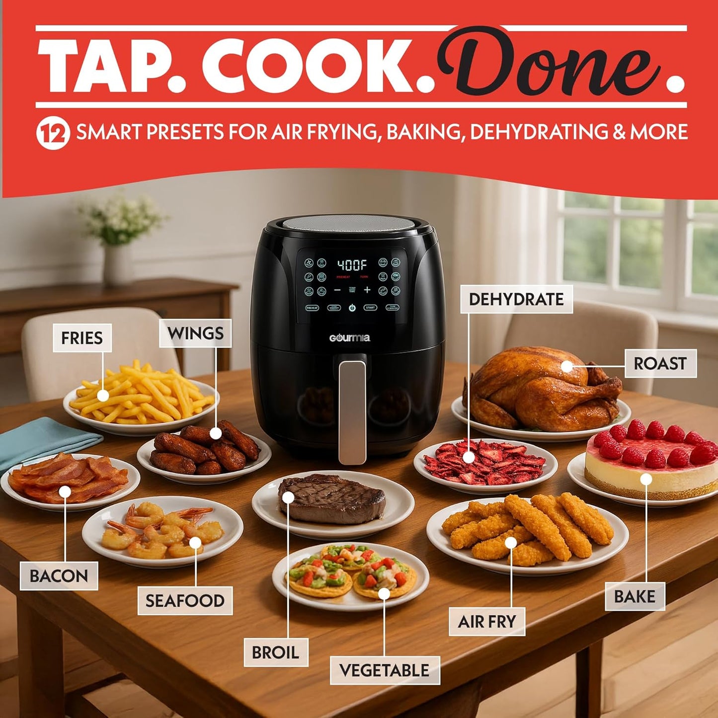 Gourmia Air Fryer 6 QT Digital – Guided Cooking with 12 One‑Touch Presets, FryForce 360 Large XL Basket, Touchscreen, Dishwasher‑Safe Accessories, Healthy No‑Oil Cooking GAF686