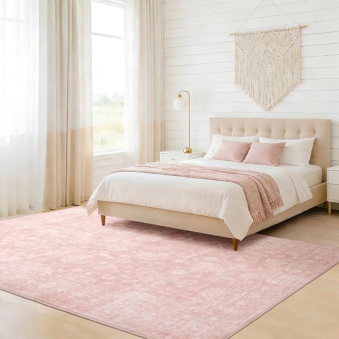 FROZZUR Boho Pink Area Rug 5x7 – Soft Washable Vintage Rug with Non-Slip Backing for Living Room, Bedroom & Nursery, Cozy Home Decor