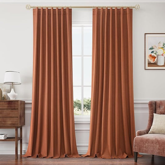 Joywell 100% Blackout Linen Curtains 102 Inch Long for Bedroom Black Out Curtain Light Blocking Drapes for Living Room Window Boho Back Tab Hook Belt Rod Pocket 2 Panels Set,52 x 102,Terracotta