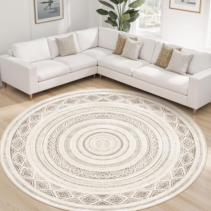 cotiled 8x8 Round Area Rugs Living Room Rug: Washable Boho Rugs with Non Slip Backing Large Soft Indoor Stain Resistant Carpet for Bedroom Farmhouse Dining Room Lightweight Home Decor Dark Brown