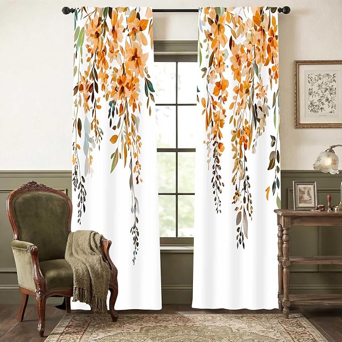 Orange Watercolor Floral Curtains, Botanical Leaves Vine Flowers Curtain, Rustic Farmhouse Flower Leaf Blackout Window Treatment Drapes for Bedroom Living Room 52x72 inch, 2 Panels