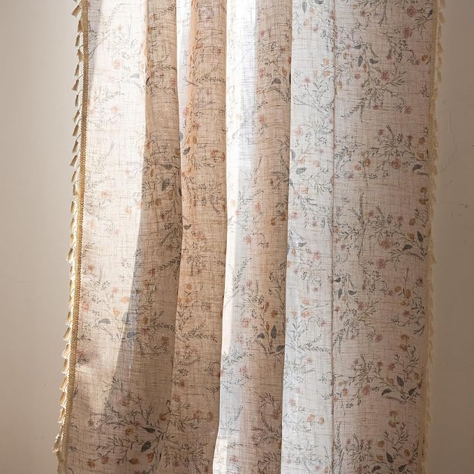 OYX Boho Floral Curtains 96 Inch, Farmhouse Wildflower Drapes with Tassels, Linen Textured Light Filtering Semi Sheer Curtains for Living Room Bedroom, 2 Panels, Rod Pocket, 52Wx96L