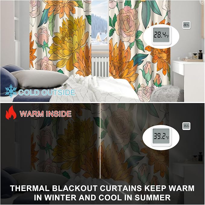 Boho Blackout Curtains for Bedroom and Living Room, Thermal Insulated Spring Floral Black Out Curtains 84 Inches Long 2 Panels Set with Curtain Tiebacks, Farmhouse Soundproof Grommet Darkening Drapes
