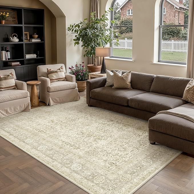 PureCozy Vintage Area Rug 6x9 Beige Washable Living Room Large Carpet Non Slip Bedroom Indoor Office Low Pile Traditional Distressed Retro Accent Rug for Dining Room Kitchen