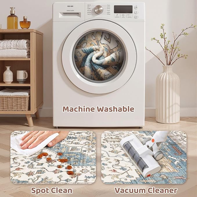 3x5 Washable Entryway Rug: Non-Slip Soft Vintage Floral Indoor Area Rug for Living Room Large Kitchen Entryway Bedroom Bedside, Door Mat Throw Carpet for Laundry Foyer Home Decor (Blue)