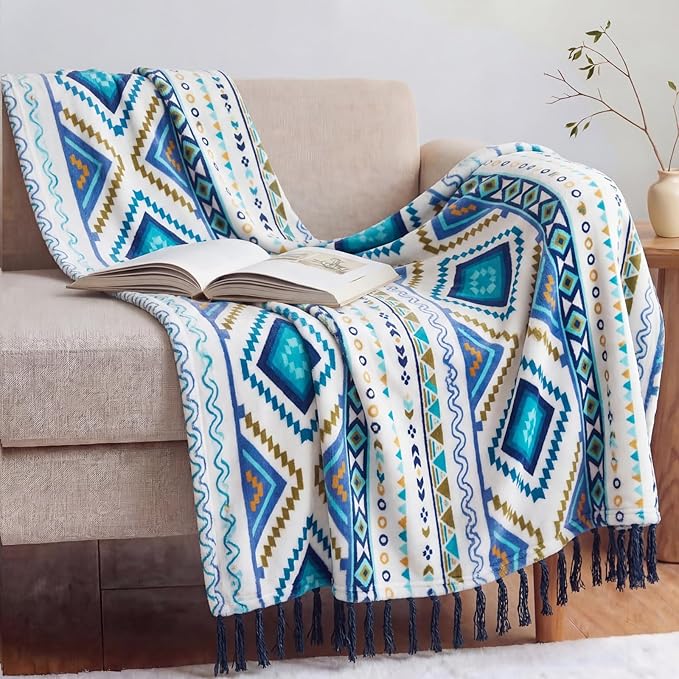 CASAAGUSTO Boho Throw Blanket for Couch - Farmhouse Throw Blanket with Tassel, Western Aztec Blanket, Printed Flannel Bohemian Blanket,Gifts for Women(50x60 Inches, Blue and White)