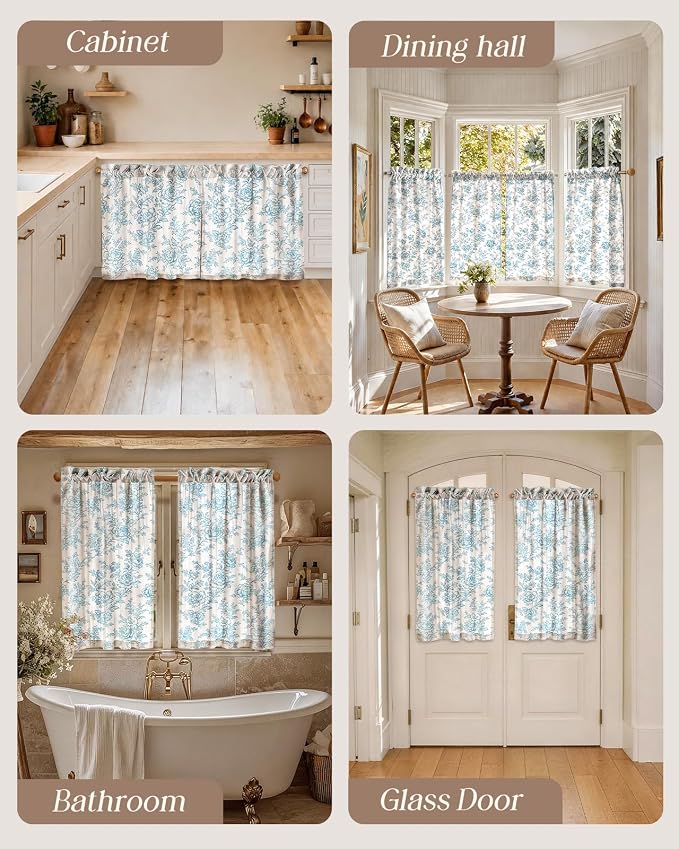 Miss Adola Farmhouse Kitchen Tier Curtains - 45 Inch Length Linen Blend Cafe Curtains Blue Floral Small Window Treatments Over Sink Rod Pocket for Bathroom Living Room Light Filtering, 2 Panels