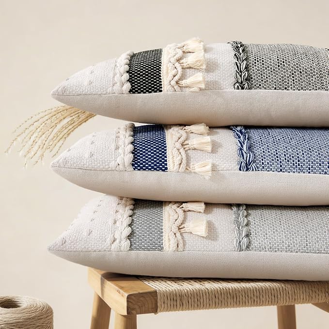 Kevin Textile 12x20 Inch Lumbar Throw Pillow Cover 1 Pack Boho Decorative Cotton Thread Woven Textured Tassel Rustic Farmhouse Rectangle Cushion Cover for Couch Sofa Chair Bed, Blue