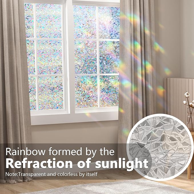 Lemon Cloud Window Privacy Film, Stained Glass Window Stickers, Decorative Rainbow Static Cling for Sun Blocking, Window Covering Prism Film, No Glue Anti-UV Tint, Half Moon Pattern, 11.8" x 78.7"
