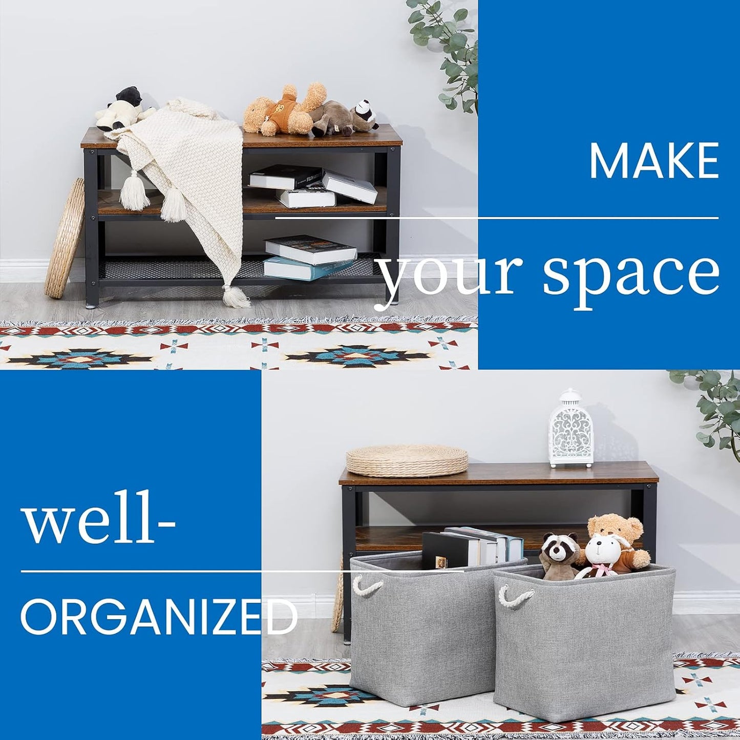 Bidtakay Collapsible Storage Bins for Clothes Large Grey Storage Baskets with Cotton Handles 17x12x15 In Set of 2 Fabric Cubby Storage Bins Livingroom Home Decorative Storage Organizer for Blankets