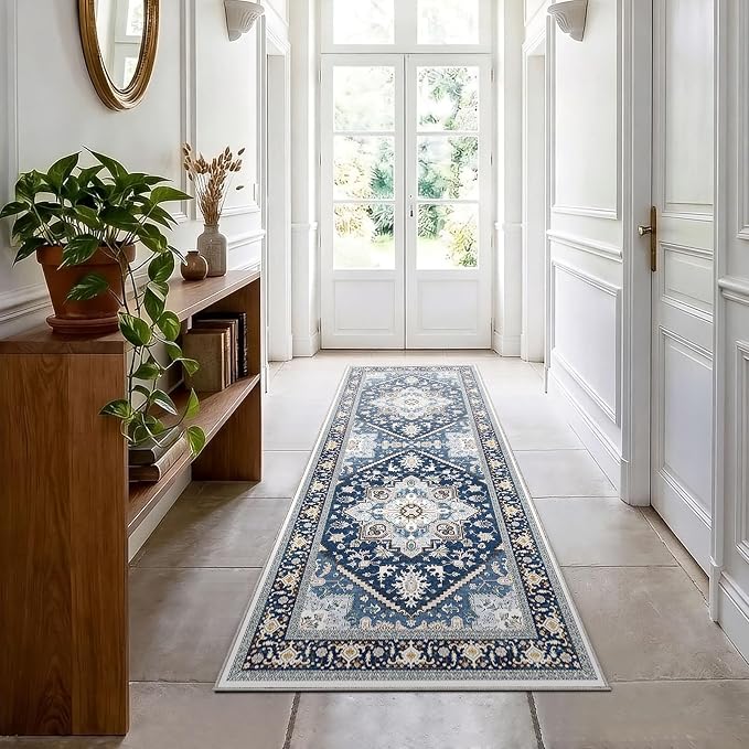 OPPODREAM Soft Entryway Rug 2x6, 2x6 Rug Runner, Washable Hallways Carpet 2 x 6 with Non Slip Backing, Low-Pile Bedside Carpet 2 x 6, Long, Faux Cashmere, Navy Blue & Gold