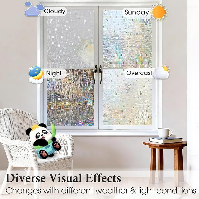 Windimiley Rainbow Window Privacy Film, 3D Stained Glass Christmas Decorative Window Clings, UV Heat Blocking Holographic Prism Stickers for Home(17.5 x 118.1In,Pure)