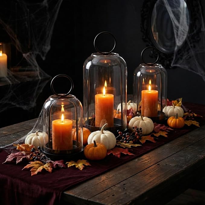 3 Pack Metal Candle Holders with Glass Dome, 5.5" & 4.7" & 3.9" Wide Black Candlestick Holders Set, Versatile Hurricane Lanterns Candleholders for Pillar Candle, Decorative Glass Display Dome Stands
