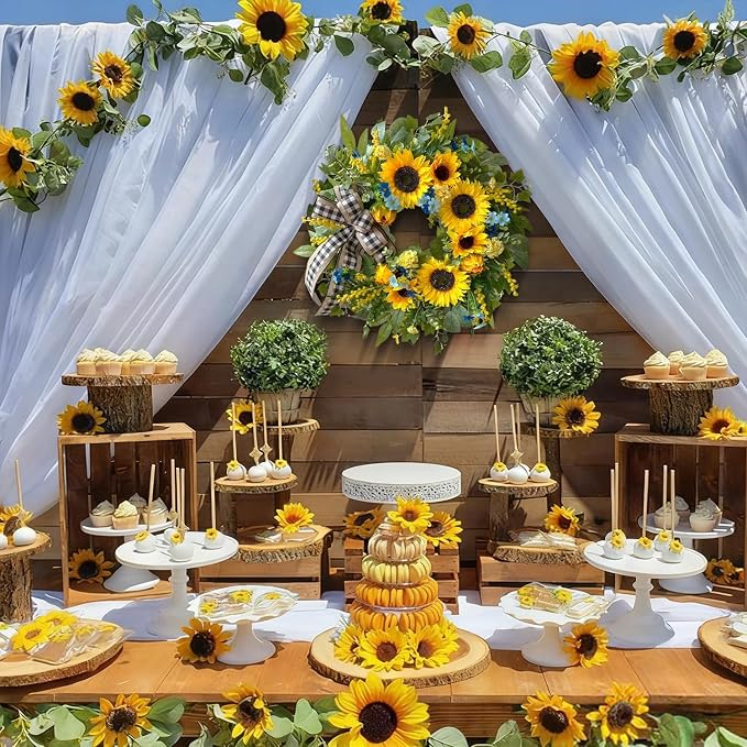 WANNA-CUL 24 Inch Summer Sunflower Wreath Linen Ribbon Front Door Wreath | Classic Farmhouse Door Wreath For Spring,Porch Indoor & Outdoor Mother's Day Decor With Daisies And Buffalo Check Ribbon.