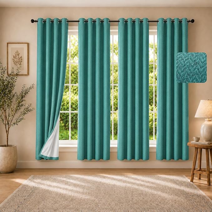 4 Panels 100% Blackout Linen-Textured Curtains, Thick Thermal Insulated Grommet Drapes with Subtle Herringbone Weave, Luxury Decor for Bedroom/Living Room, 54 x 72 Inches, Teal