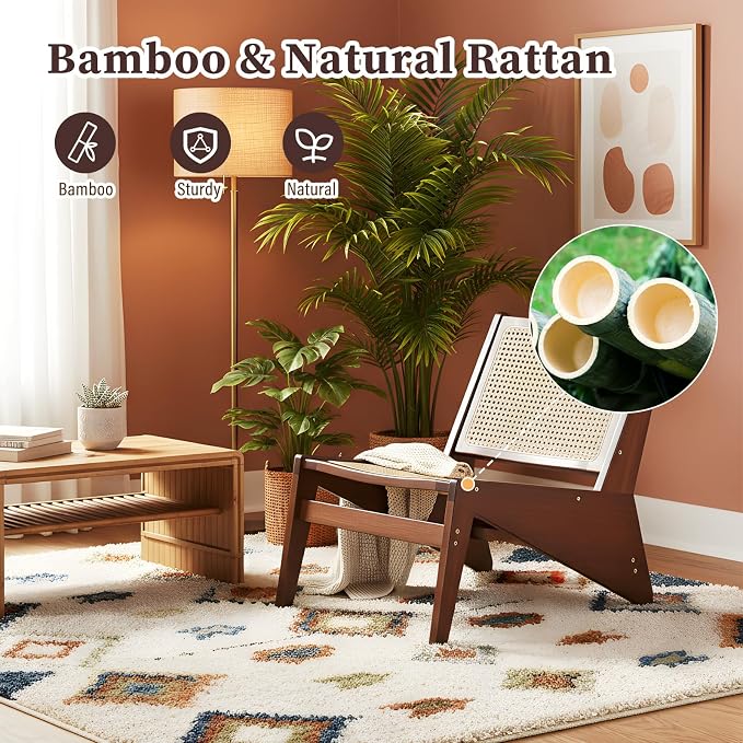 Furlide Rattan Chair 2Pcs, Mid-Century Accent Chair, Rattan Lounge Chair for Living Room, Boho Side Corner Comfy Chair for Bedroom and Balcony, Walnut