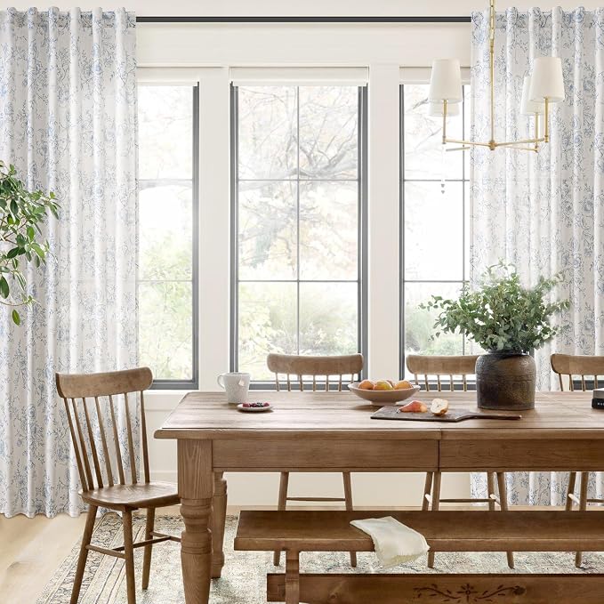 Blue Floral Curtains 80 inch Length Back Tab Farmhouser Living Room Light Filtering Curtains Blue Pattern Print on Cream White Linen Curtain Panel Minimalist Aesthetic Sketch Style Vintage Room Decor
