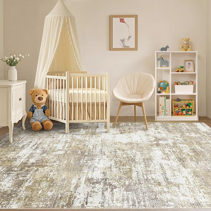Tortania Area Rug Living Room Rugs - 10x14 Modern Abstract Neutral Large Soft Thin Rugs - Non Slip Indoor Carpet for Bedroom Dining Room Office Nursery Home Floor Decoration - Golden Brown