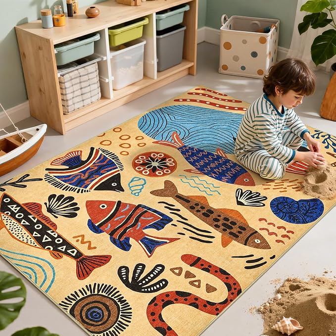 jinchan 5x7 Coastal Area Rug Kids Washable Fun Rug Colorful Ocean Fish Indoor Floor Cover Non Slip Lightweight Soft Cozy Carpet for Bedroom Nursery Playroom Daycare Living Room, Tan