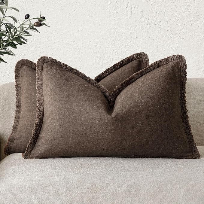 Foindtower Set of 2 Decorative Linen Fringe Throw Pillow Covers Boho Farmhouse Cushion Cover with Tassels Lumbar Accent Pillowcase for Bed Couch Living Room Home Bedroom Decor,12×24 Inch,Reddish Brown