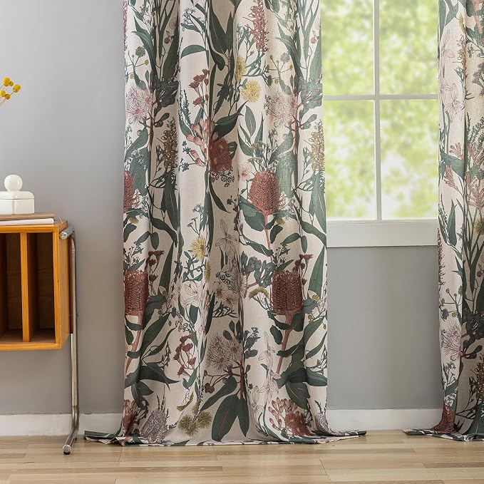 ALIGOGO Boho Floral Curtains 2 Panels - Mid Century Modern Windflower Curtaisn for Bedroom, Farmhouse Bohomain Plant Grommet Light Filtering Privacy Linen Floral Drapes, 50 x 72 Inch, Coral &Green