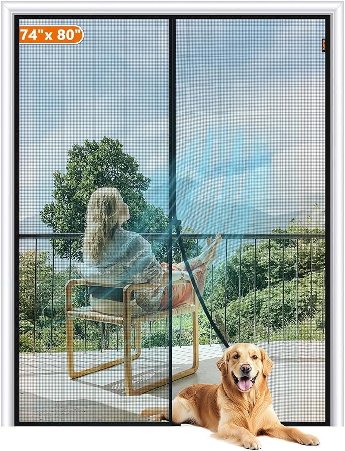 MAGZO Magnetic Screen Door Fit Door Size 74 x 80 Inch, Screen Size 76" x 81" Strong Magnet French Style Mesh, Heavy Duty Fiberglass Mesh with Hook & Loop for Sliding Entrance, Gray