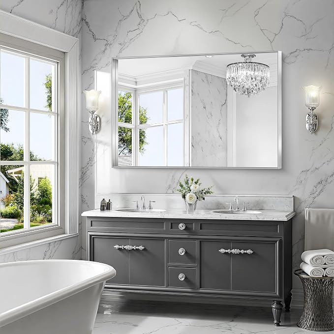 CIRCUMI Silver Bathroom Mirror, 36"x55" Rectangular Mirror with Deep Metal Frame, Brushed Finish, Tempered Glass, Large Mirror for Wall, Over 2 Sinks, Installed Vertically/Horizontally, Crystal-Clear