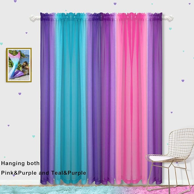 KOUFALL Teal Purple Curtains 63 Inch Length for Girls Room Decor Set 2 Panel Pocket Window Ombre Design Sheer Cute Princess Curtains for Kids Bedroom Decor Teen Little Baby Nursery Lilac Turquoise