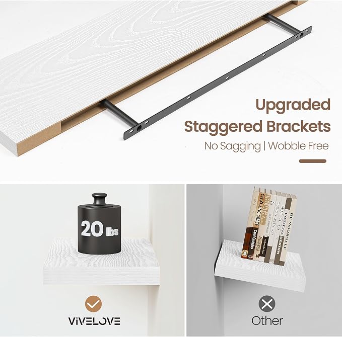 Vivelove White Floating Shelves, 16 Inch Wall Display Shelves for Bathroom Living Room Kitchen Bedroom Office Farmhouse Home Decor, 16" X 9.3" X 1.5" - Set of 2, White